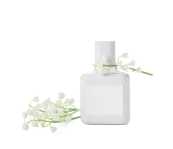 Botella Perfume Flores Lirio Del Valle Sobre Fondo Blanco —  Fotos de Stock