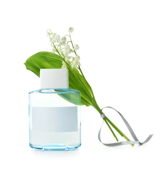 Bottle Perfume Lily Valley Flowers White Background — Stock Photo, Image