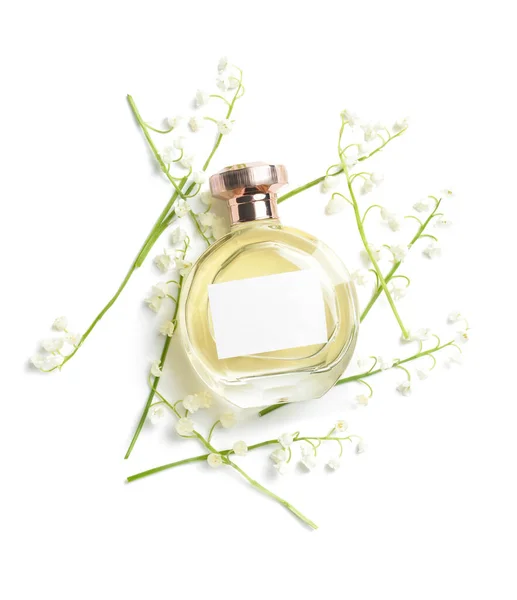 Fles Parfum Lelie Van Vallei Bloemen Witte Achtergrond — Stockfoto