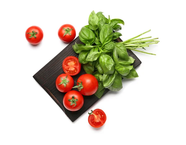 Board Fresh Ripe Tomatoes Basil Leaves White Background — Stock Photo, Image