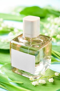 Bir şişe parfüm ve arka planda zambak, yakın plan.