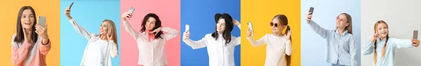 Olika Människor Som Tar Selfie Färg Bakgrund — Stockfoto