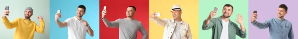 Diferentes Hombres Tomando Selfie Sobre Fondo Color — Foto de Stock