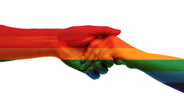 Man Woman Shaking Hands Painted Colors Lgbt Flag White Background — ストック写真