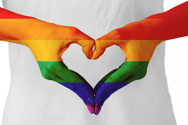 Woman Making Heart Her Hands Painted Colors Lgbt Flag Closeup — ストック写真