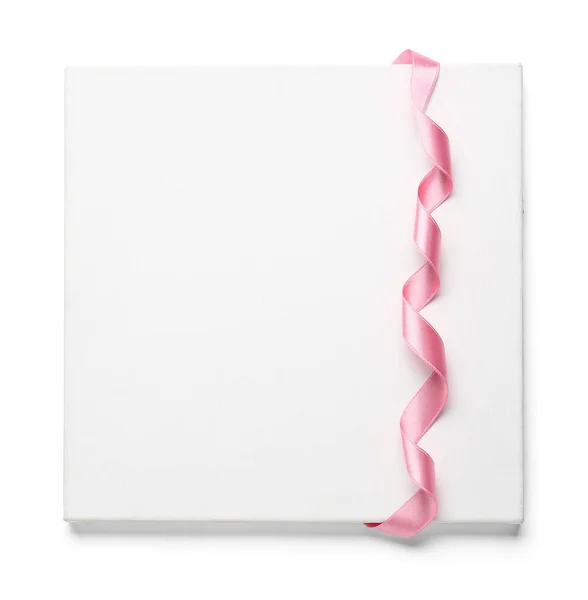 Blanco Kaart Met Mooi Roze Lint Witte Achtergrond — Stockfoto