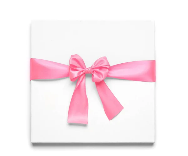 Blank Card Beautiful Pink Ribbon White Background — ストック写真