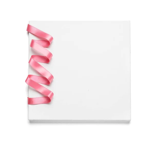 Blank Card Beautiful Pink Ribbon White Background — ストック写真