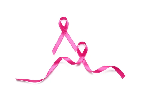 白い背景にピンクのリボン 乳がんの認知概念 — ストック写真
