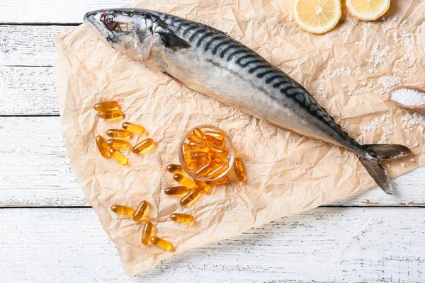 Tasty Mackerel Fish Oil Pills Light Wooden Background — Stock Photo, Image