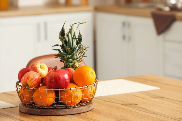 Basket Fresh Fruits Wooden Table Kitchen — Stock Photo, Image