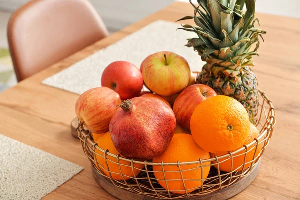 Basket Fresh Fruits Wooden Table Kitchen — Stock Photo, Image