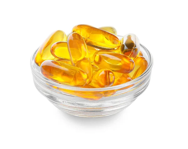 Bowl Fish Oil Capsules White Background — Stock Photo, Image