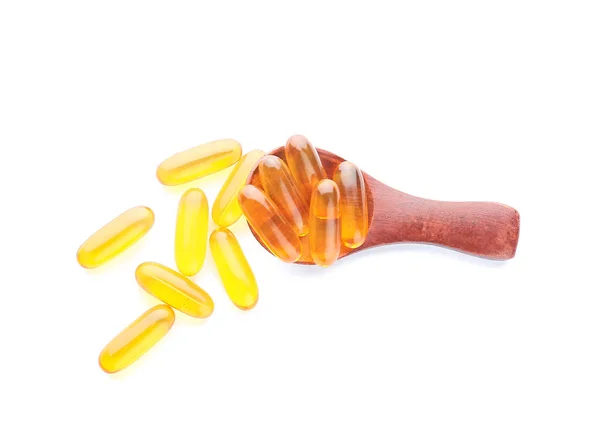 Spoon Fish Oil Capsules White Background — Stock Photo, Image