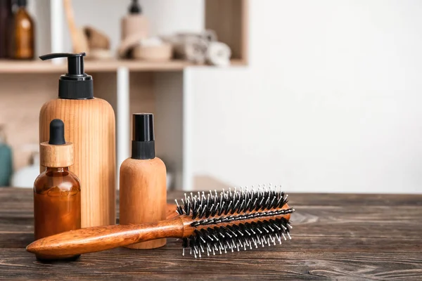 Hair Brush Bottles Cosmetic Products Table Room — Stock Photo, Image