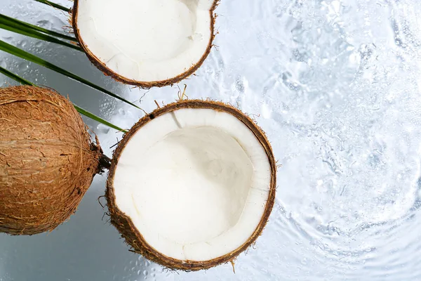 Reife Kokosnüsse Auf Hellem Hintergrund Mit Wasserspritzern — Stockfoto