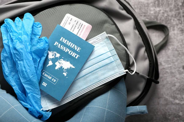 Ανοσοποιητικό Διαβατήριο Εισιτήριο Ιατρική Μάσκα Γάντια Και Συσκευασμένη Τσάντα Γκρι — Φωτογραφία Αρχείου