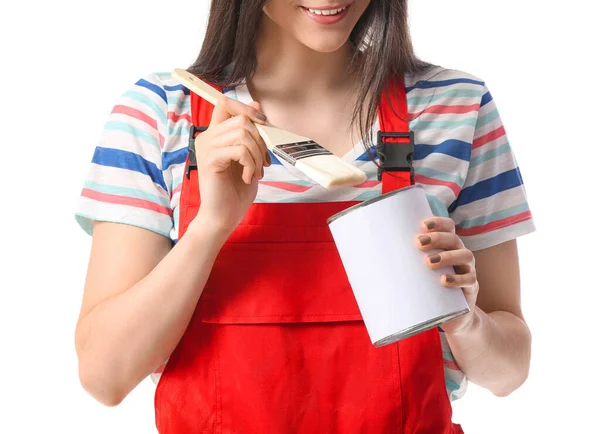 Junge Frau Mit Pinsel Und Farbdose Auf Weißem Hintergrund — Stockfoto