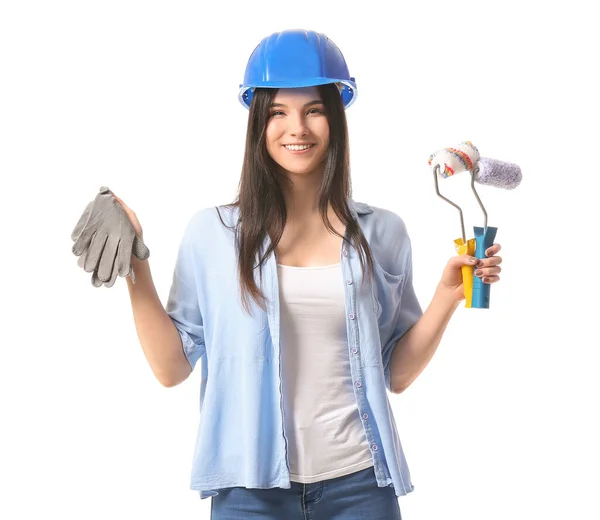 Mujer Joven Con Rodillos Pintura Guantes Sobre Fondo Blanco — Foto de Stock