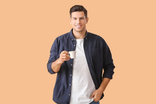 Handsome Young Man Drinking Coffee Color Background — Stock Photo, Image