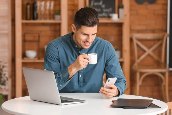 Handsome Young Man Mobile Phone Drinking Coffee Cafe — Stock Photo, Image