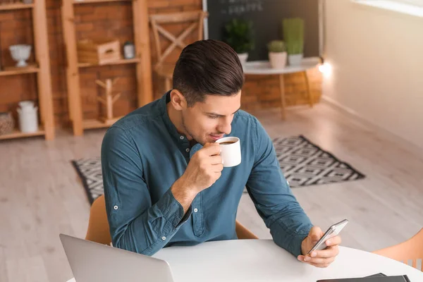 Handsome Young Man Mobile Phone Drinking Coffee Cafe — Stock Photo, Image