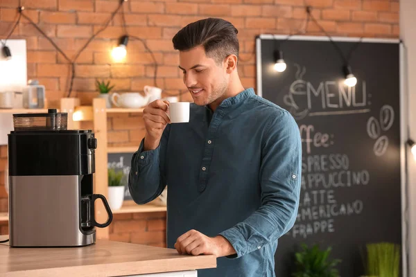 Handsome Young Man Drinking Coffee Cafe — Stock Photo, Image