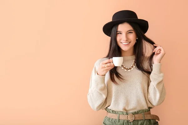 Beautiful Young Woman Drinking Coffee Color Background — Stock Photo, Image