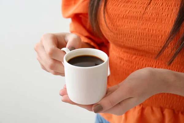 Young Woman Drinking Coffee Light Background Closeup — Stock Photo, Image