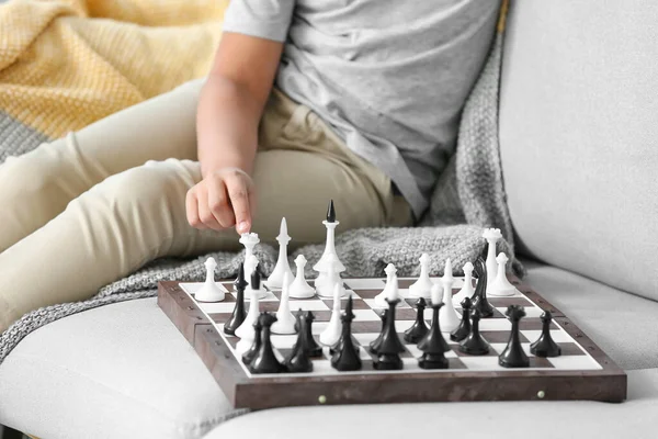 Cute African American Boy Playing Chess Home — Stock Photo, Image