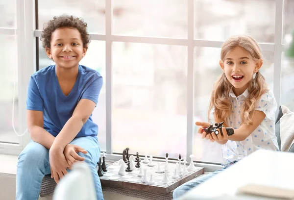 Cute Children Playing Chess Home — Stock Photo, Image