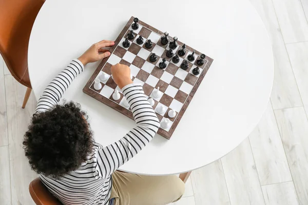 Cute African American Boy Playing Chess Home Top View — Stock Photo, Image