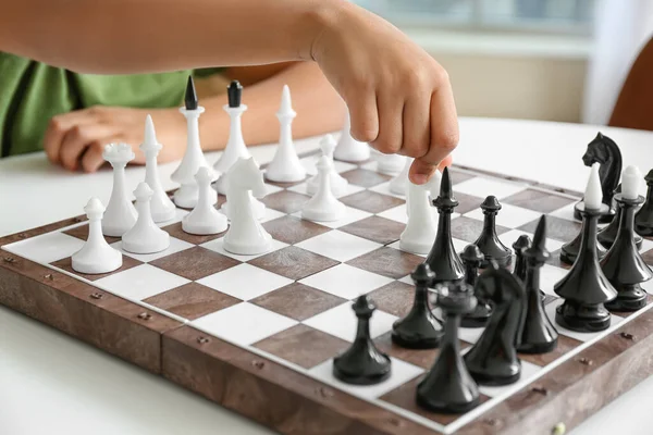 Cute African American Boy Playing Chess Home Closeup — Stock Photo, Image