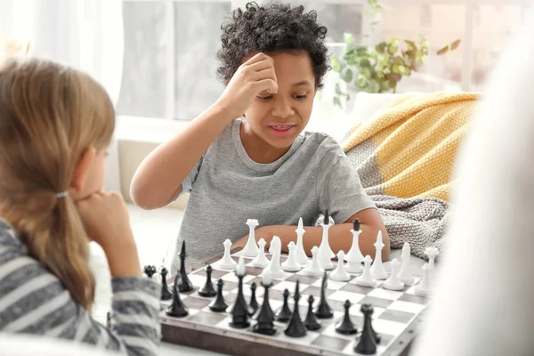 Cute Children Playing Chess Home — Stock Photo, Image