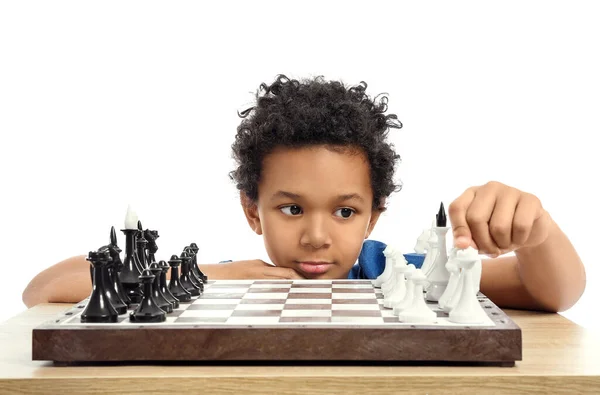 Cute African American Boy Playing Chess White Background — Stock Photo, Image