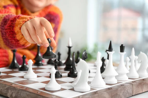 Cute Little Girl Playing Chess Home Closeup — Stock Photo, Image