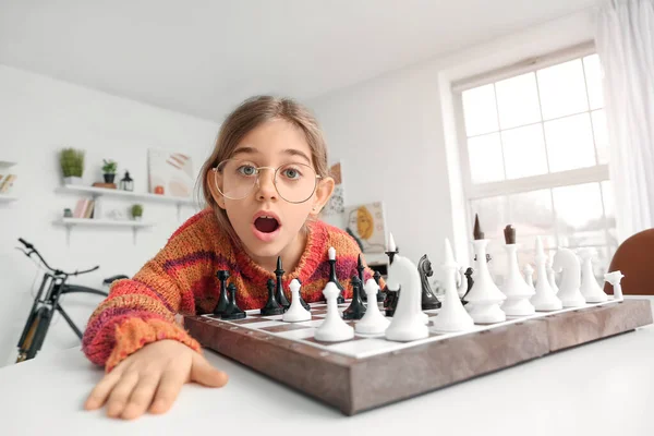 Cute Little Girl Playing Chess Home — Stock Photo, Image
