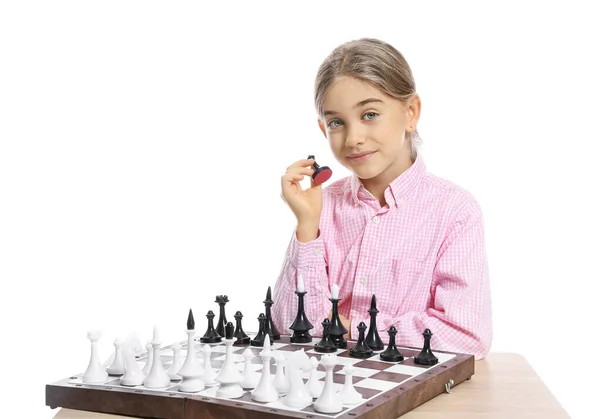 Cute Little Girl Playing Chess White Background — Stock Photo, Image