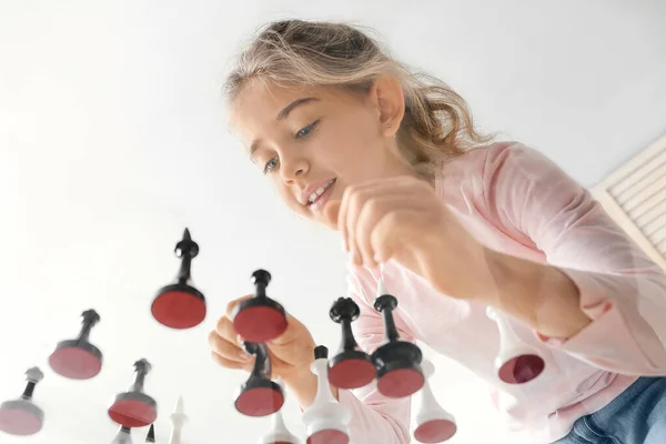 Cute Little Girl Playing Chess Home — Stock Photo, Image