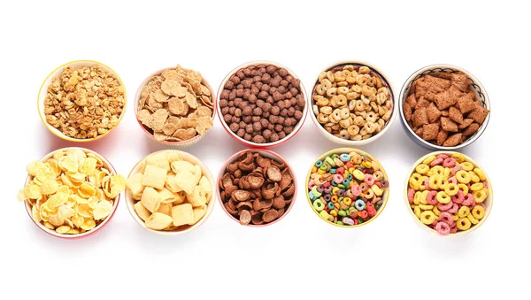 Cuencos Diferentes Cereales Sobre Fondo Blanco — Foto de Stock