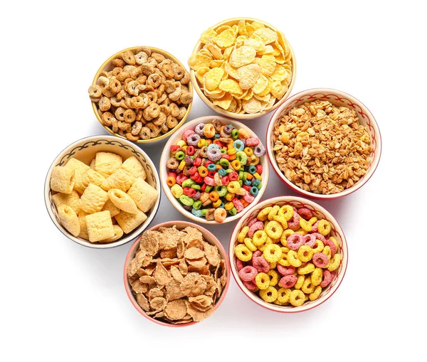 Bowls Different Cereals White Background — Stock Photo, Image