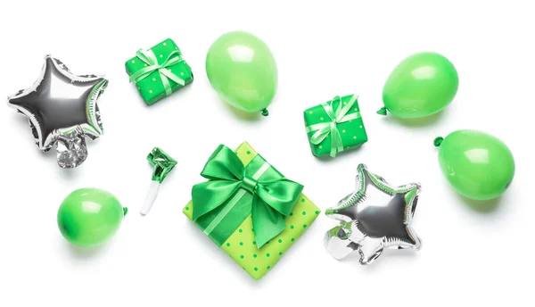 Gift Boxes Balloons Noisemaker White Background — Stock Photo, Image