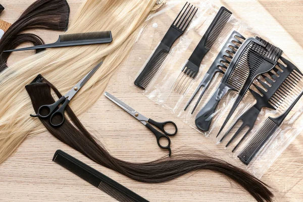 Barber Set Strands Hair Brushes Light Wooden Table — Stock Photo, Image