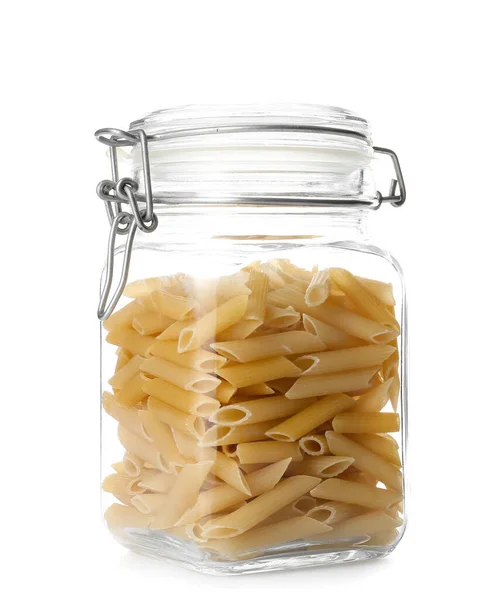 Glass Jar Raw Pasta White Background — Stock Photo, Image