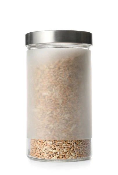 Glass Jar Wheat Grains White Background — Stock Photo, Image