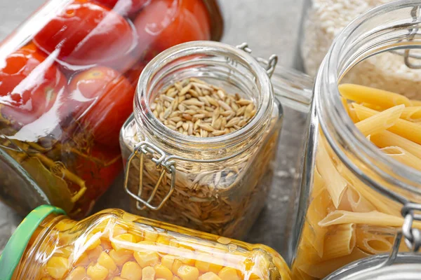 Glass Jars Different Products Table Closeup — Stock Photo, Image