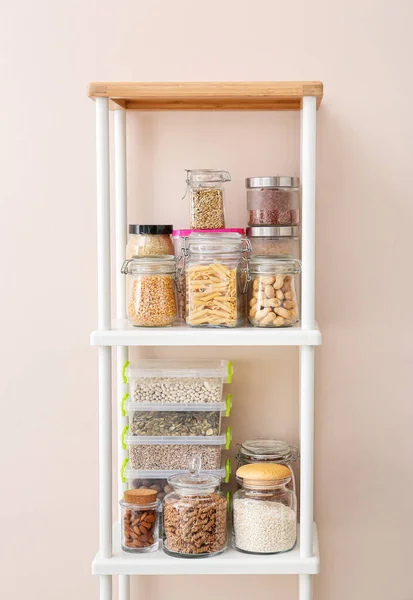 Jars Containers Different Products Shelves Color Wall — Stock Photo, Image