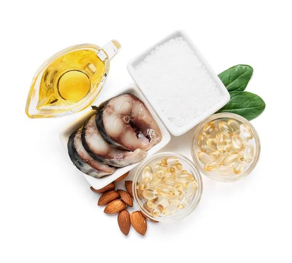 Set Healthy Products Fish Oil Pills White Background — Stock Photo, Image