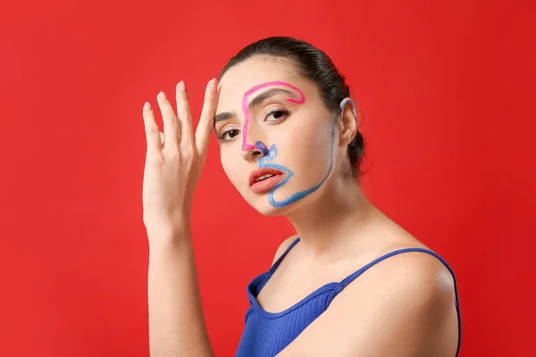 Beautiful Young Woman Paint Her Face Color Background — Stock Photo, Image