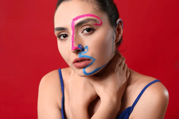 Beautiful Young Woman Paint Her Face Color Background — Stock Photo, Image